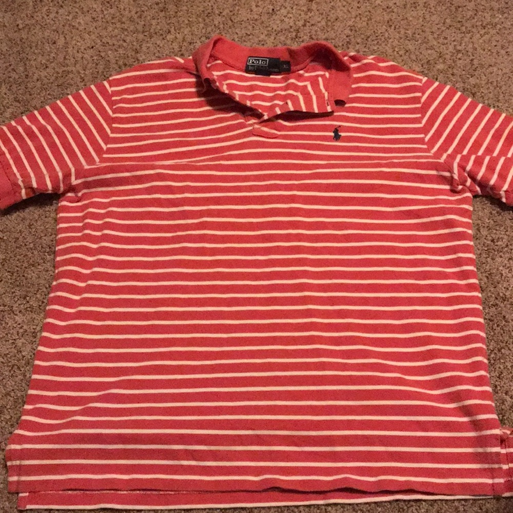 Redish pinkish and white striped polo